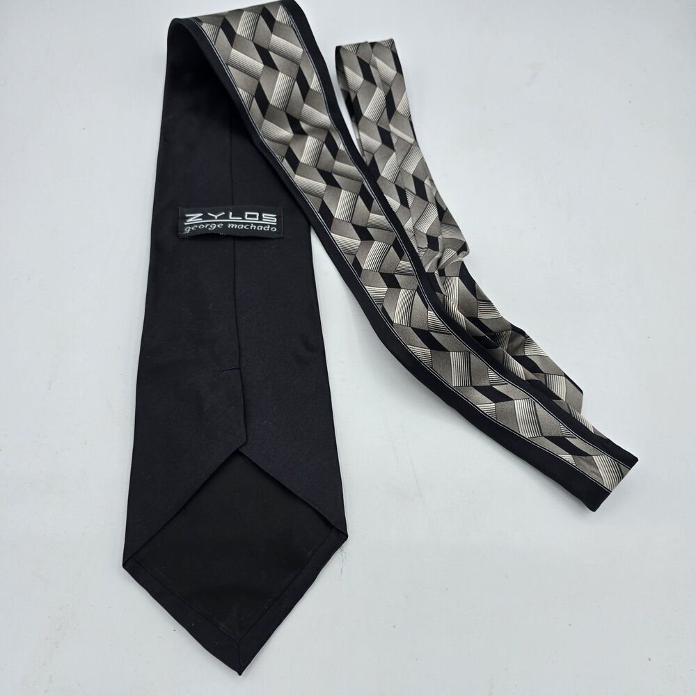 Zylos George Machado Necktie Gray Geometric Square Silk 58 X 4in Vintage - Picture 3 of 6
